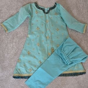 Salwar Kameez Kids Matching Set in Aqua and Gold